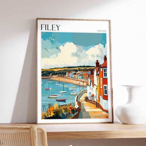Filey England Sailboat Harbor Cottages Dramatic Clouds Graphic Poster