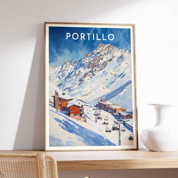 Portillo Chile Deep Blue Watercolor Chairlift Over Andes Poster