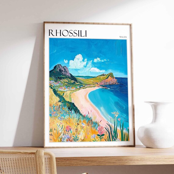 Rhossili Wales Sunlit Bay Headland Wildflower Hill Painting Poster