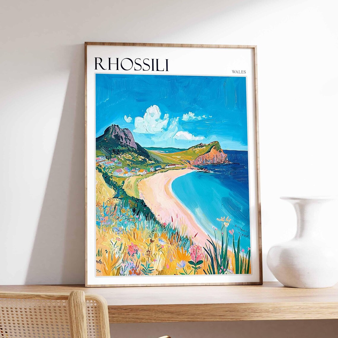 Rhossili Wales Sunlit Bay Headland Wildflower Hill Painting Poster
