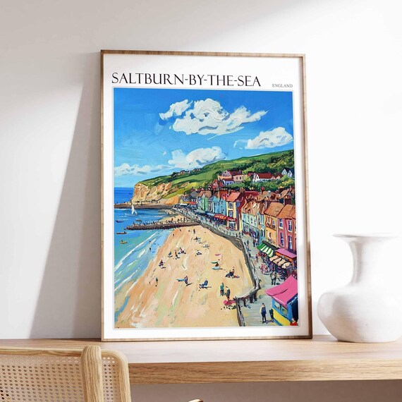 Saltburn by the Sea England Beach Pier Shops Cliffs Seaside Poster