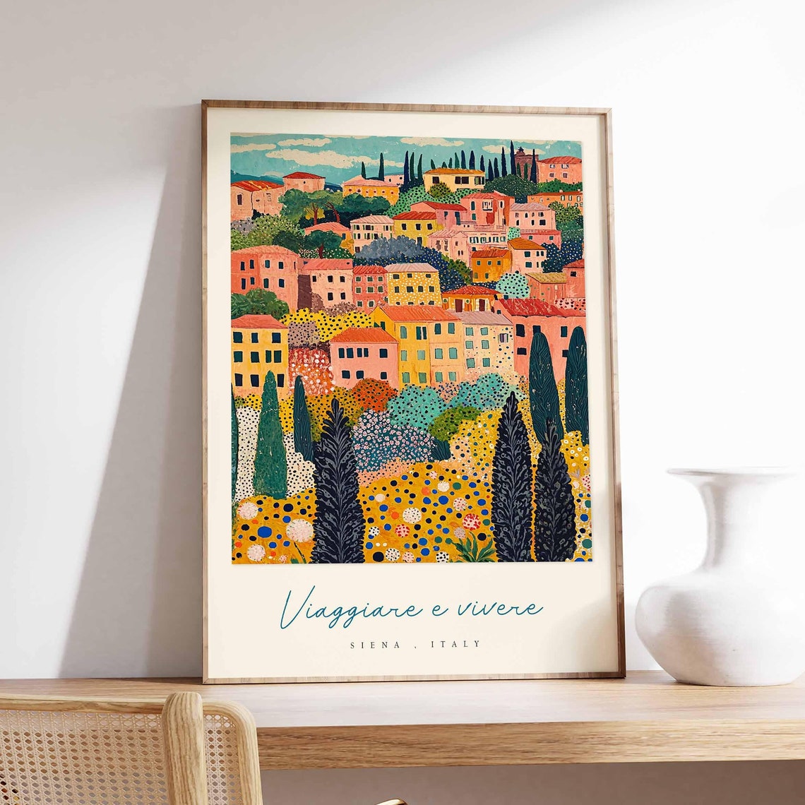Siena Italy Pointillist Town Dotted Trees Mosaic Style Travel Poster