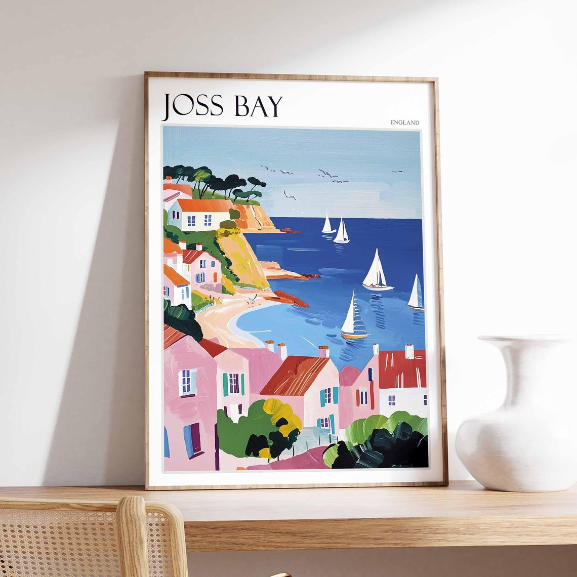 Joss Bay England Cliffside Pink Houses Sailing Bay View Poster