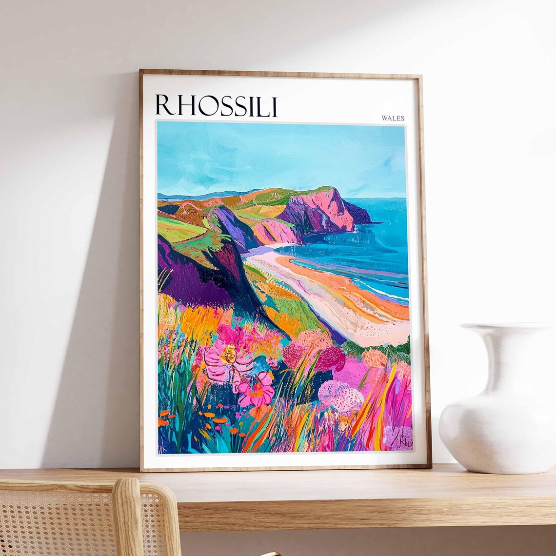 Rhossili Wales Vibrant Fauvist Cliffs Wildflower Art Style Poster
