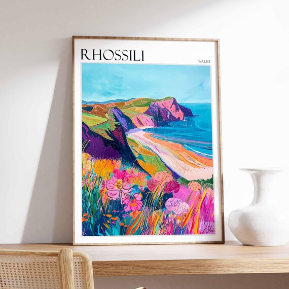 Rhossili Wales Vibrant Fauvist Cliffs Wildflower Art Style Poster