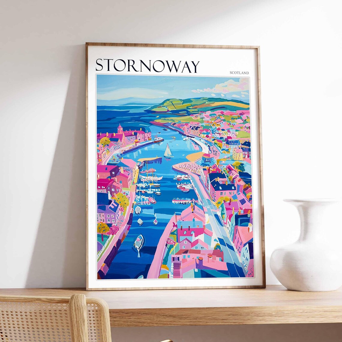 Stornoway Aerial Curved Harbor Magenta Houses Bright Scotland Poster