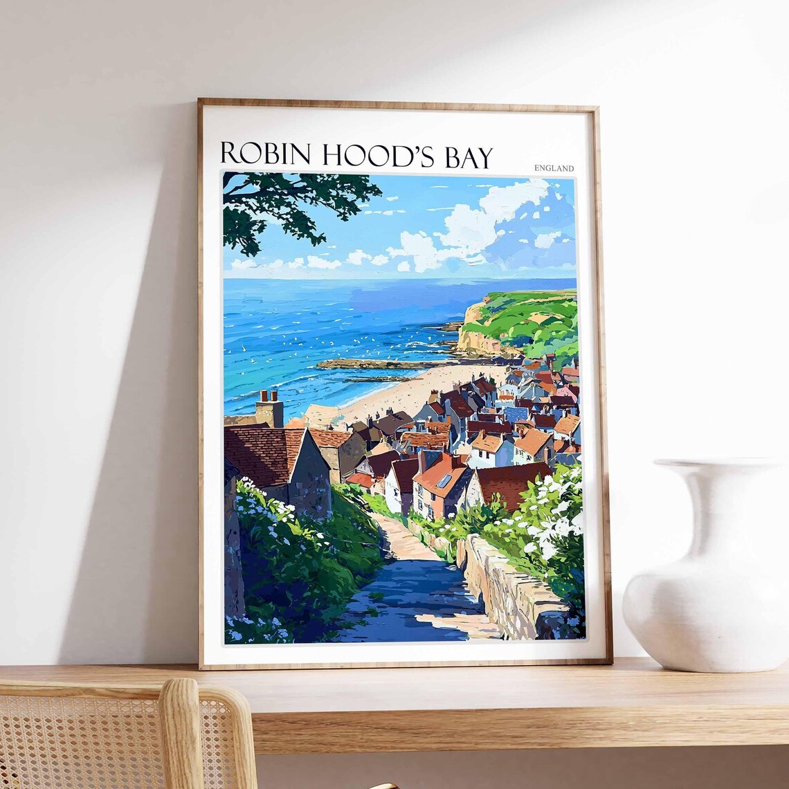 Robin Hood's Bay England Retro Garden Lane Steps Illustration Poster