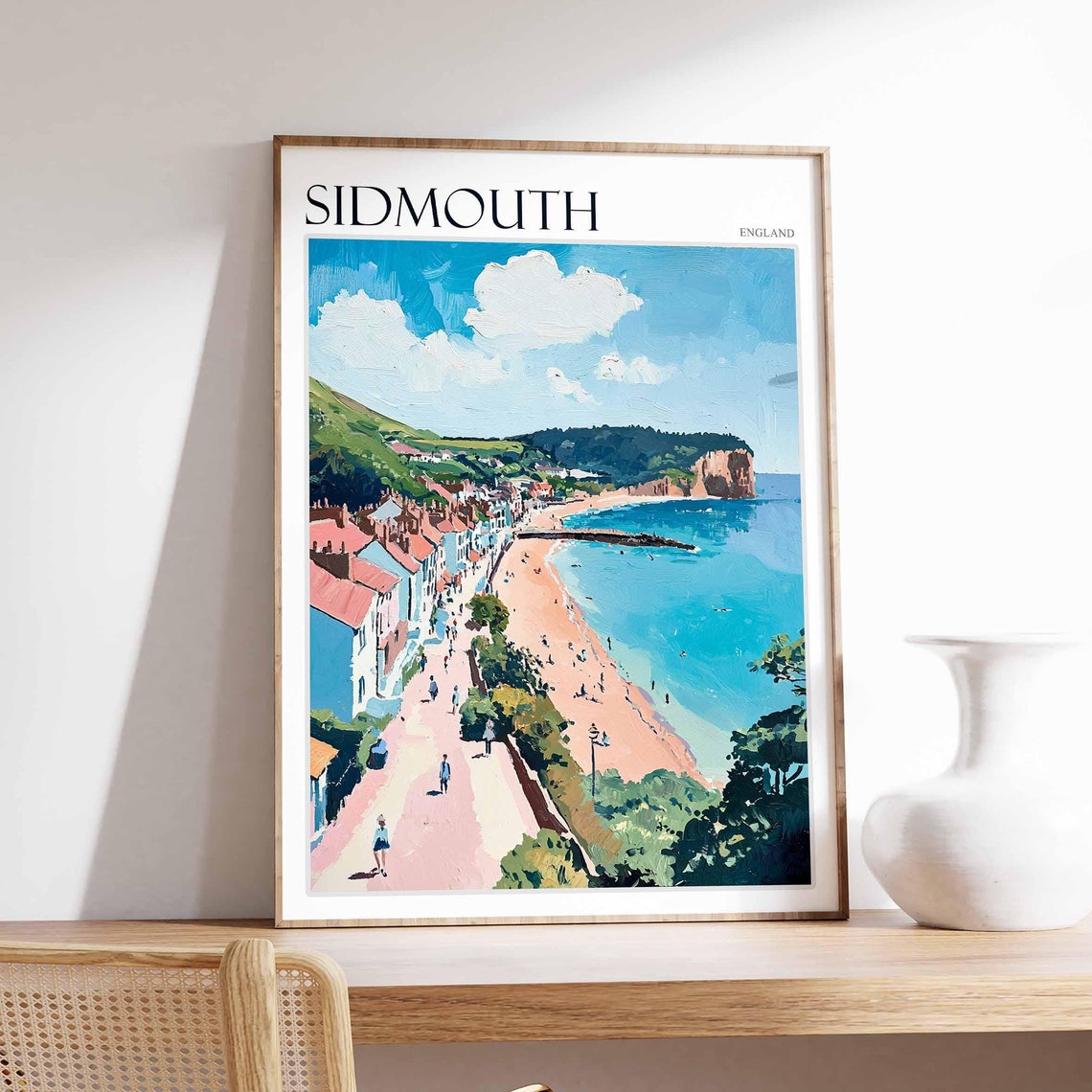 Sidmouth England Promenade Beach Red Sandstone Cliffs Coastal Poster