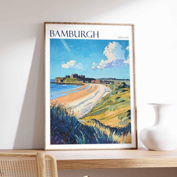 Bamburgh England Castle Headland Curved Beach and Seabirds Poster