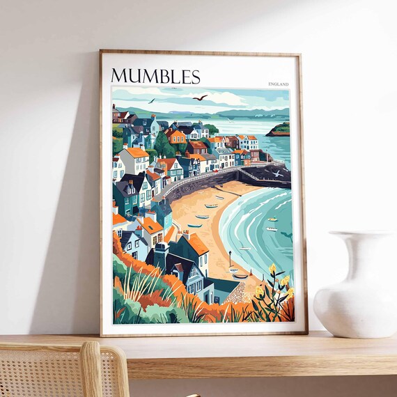 Mumbles Colorful Harbor Town Bay Boats England Travel Poster