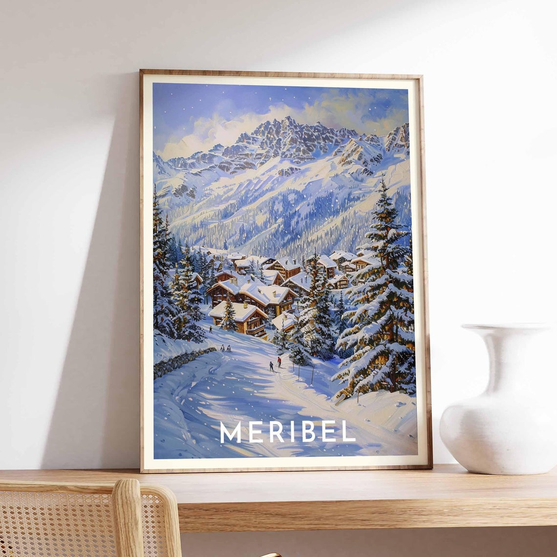 Meribel Moonlit Chalet Village Snowy Pines Night Scene Poster