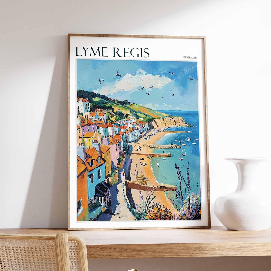 Lyme Regis England Colorful Coastal Town Harbor Beach Scene Poster