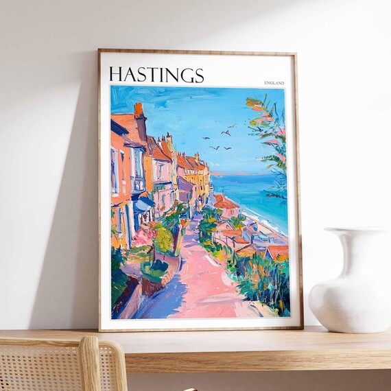 Hastings England Seaside Street Coastal Town Colorful Art Poster