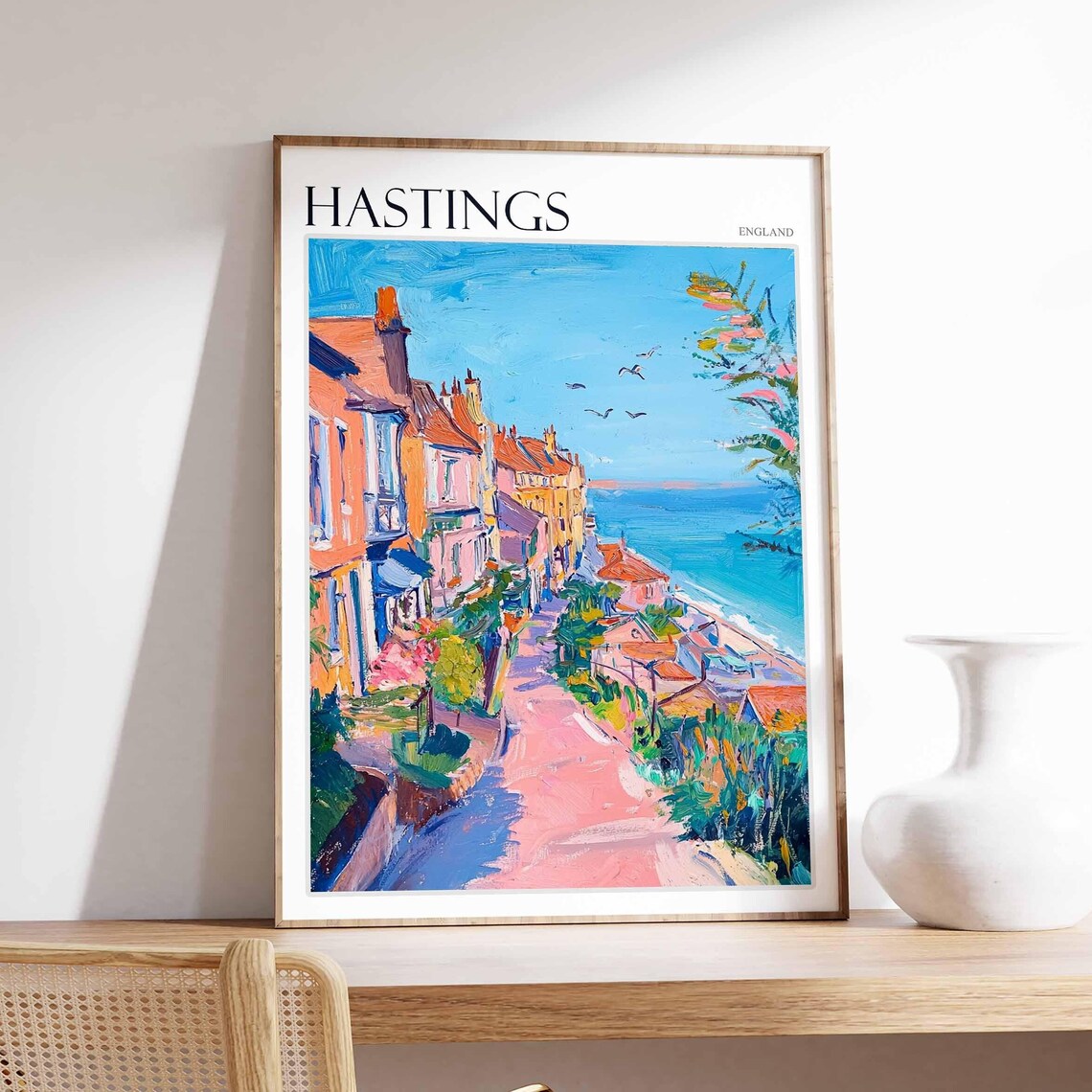 Hastings England Seaside Street Coastal Town Colorful Art Poster