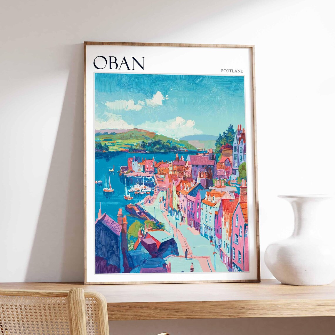 Oban Street Descending Harbor Bay Town Scotland Travel Poster