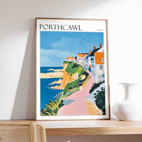 Porthcawl Wales Cliff Path White Cliffs Scene Vintage Travel Poster