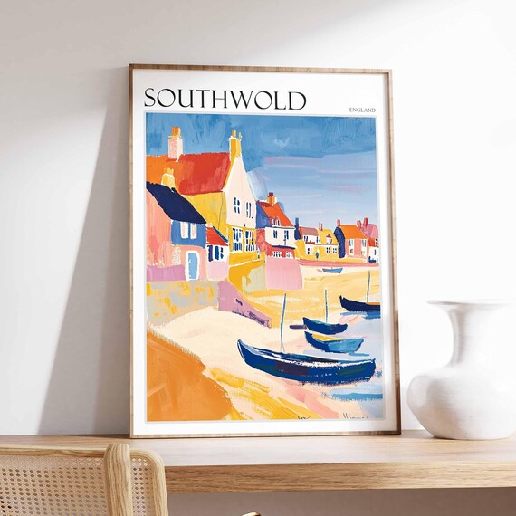 Southwold Blue Boats Beach Colorful Houses Poster England Coast