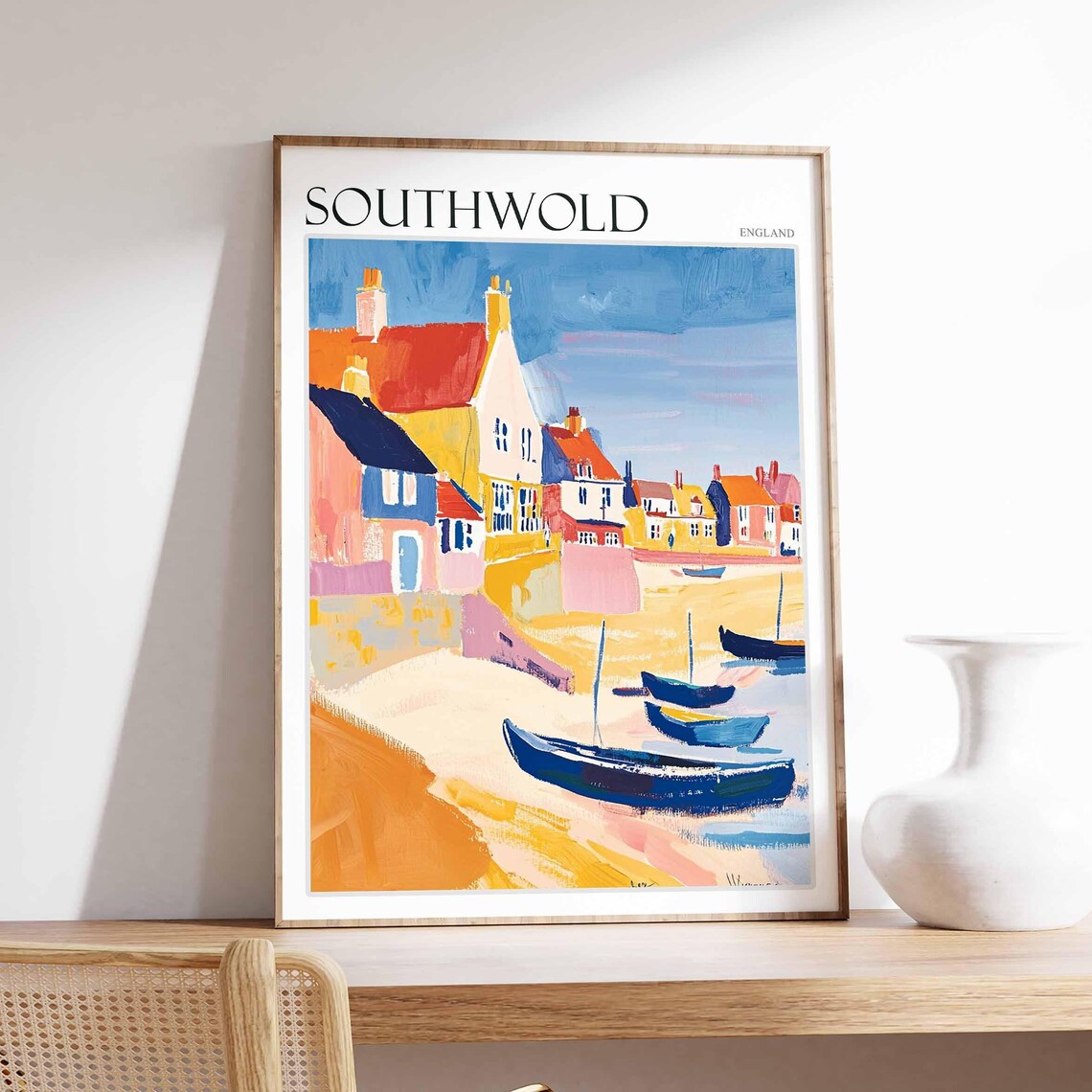 Southwold Blue Boats Beach Colorful Houses Poster England Coast
