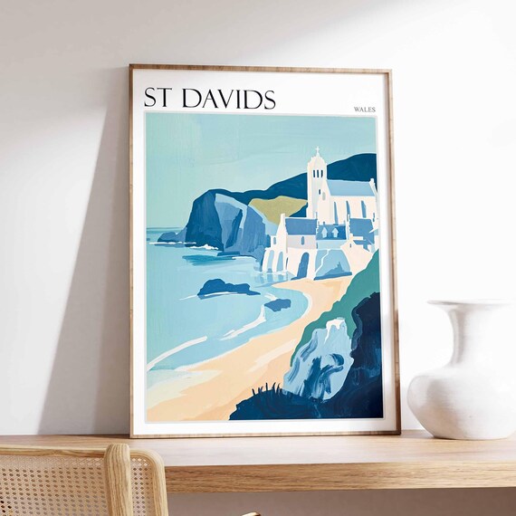 St Davids Wales White Church on Coastal Cliff Beach Bay Art Poster