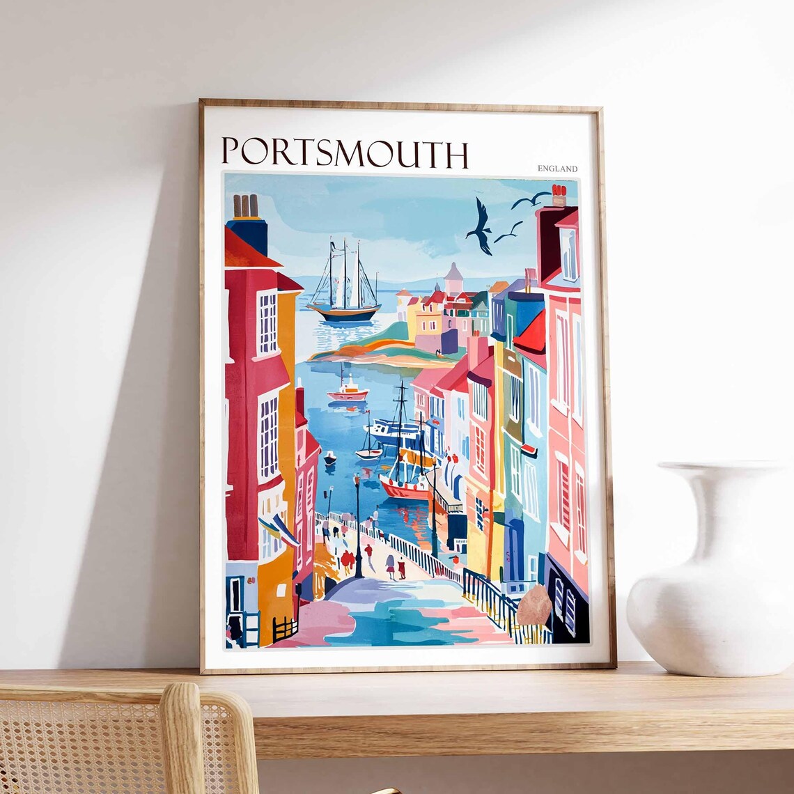 Portsmouth England Colorful Harbor Town Street Scene Art Poster
