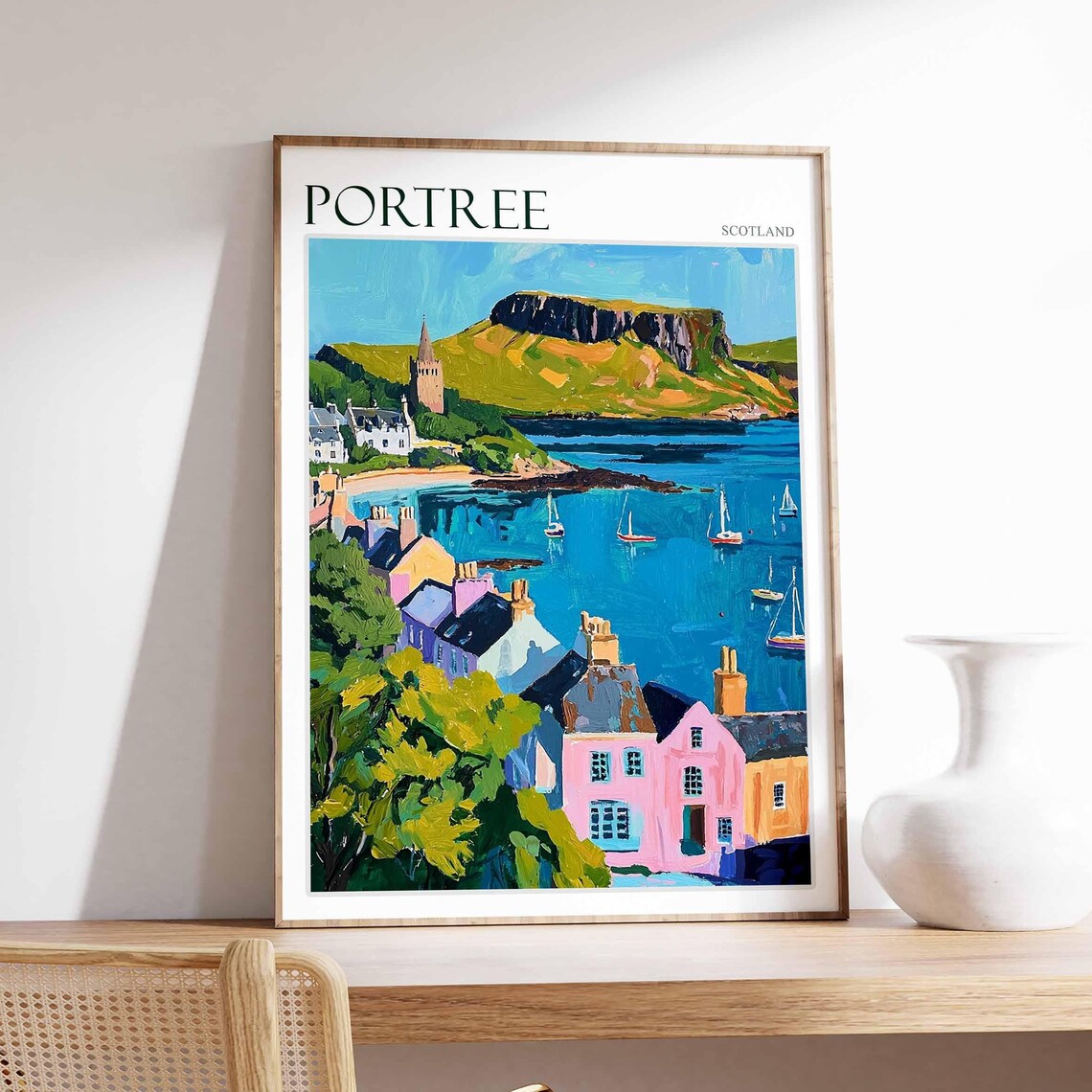 Portree Scotland Church Spire Sailboats Bay Vintage Travel Poster