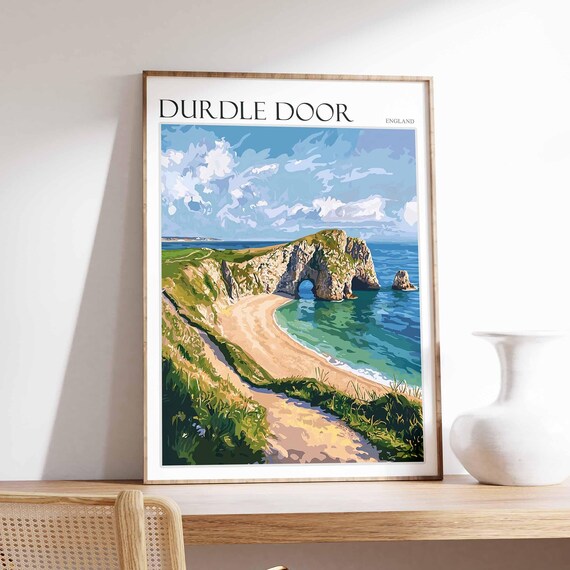 Durdle Door England Green Cliff Path Arch Beach Vector Style Poster