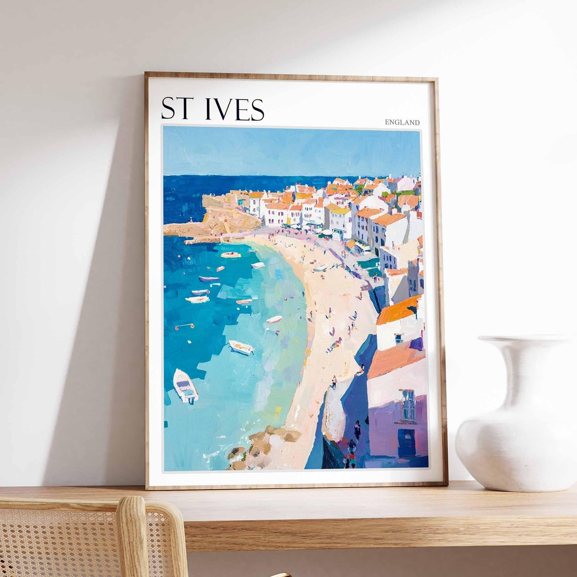 St Ives England Curved Harbor Boats Aerial Coastal View Art Poster