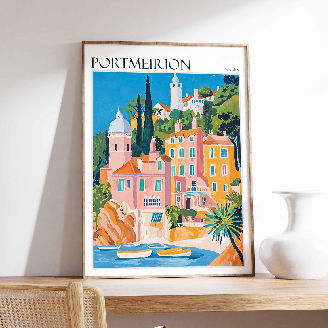 Portmeirion Wales Domed Tower Pastel Houses Palm Tree Art Poster