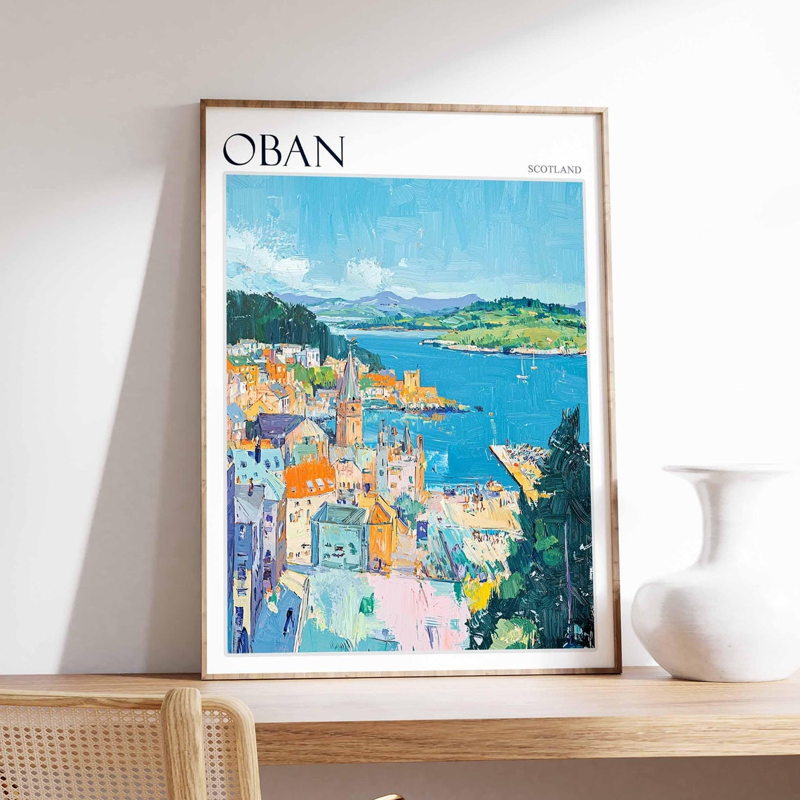 Oban Colorful Bay Overlook Town Clock Tower Scotland Travel Poster