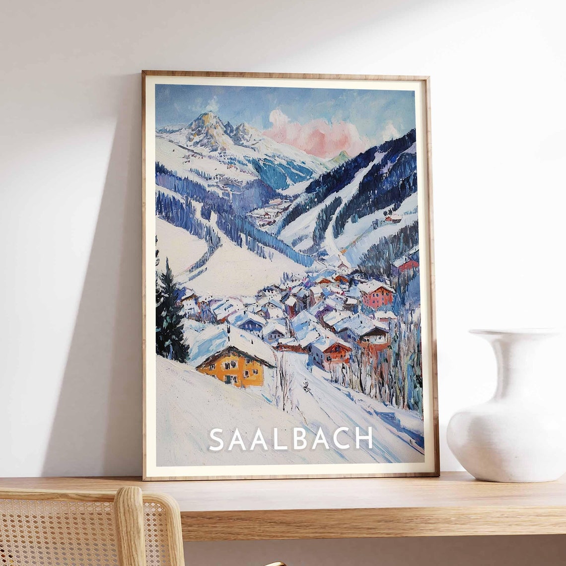 Saalbach Austria Watercolor Alpine Ski Village Panorama Poster
