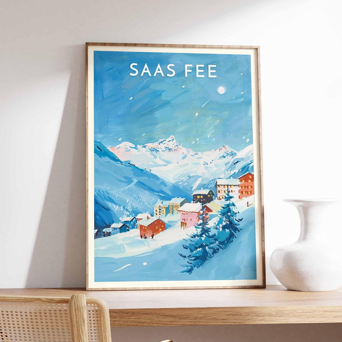 Saas Fee Switzerland Moonlit Blue Sky Warm Chalets Snowy Peaks Poster