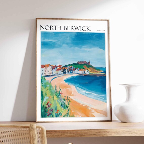 North Berwick Sandy Beach Castle on Hill Scotland Travel Poster