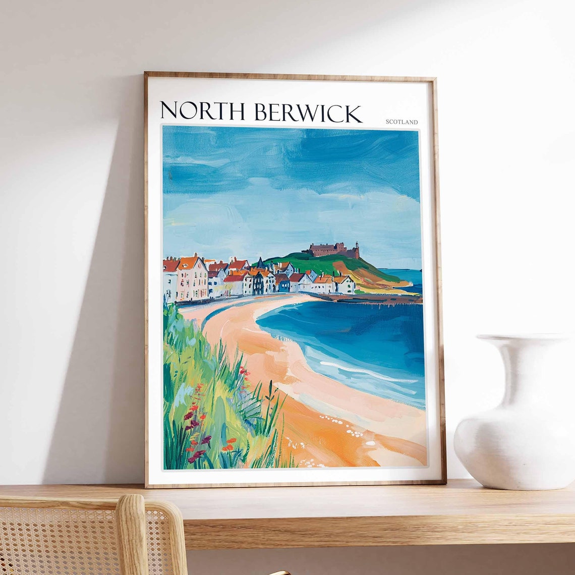 North Berwick Sandy Beach Castle on Hill Scotland Travel Poster
