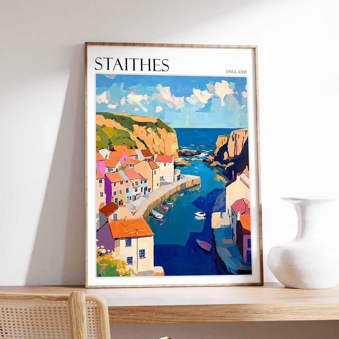 Staithes England Dramatic Coastal Cliffs and Busy Fishing Harbor Poster