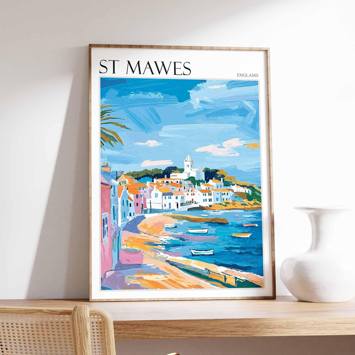 St Mawes England Sunny Seaside Town with Church and White Sailboats Poster