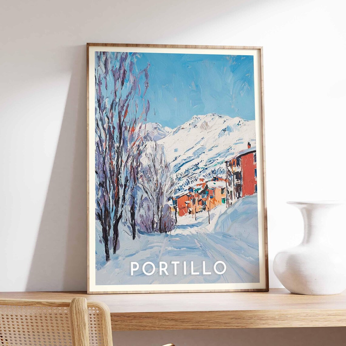 Portillo Chile Watercolor Andes Snow Slopes Hotel Scene Poster