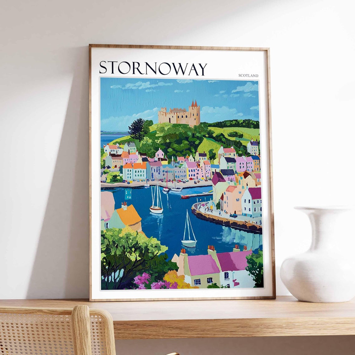Stornoway Hilltop Castle Town Harbor Sailboats Painterly Art Poster