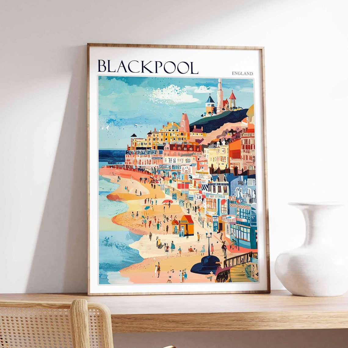 Blackpool Busy Beach Arcade Seafront Crowds Nostalgic Travel Poster