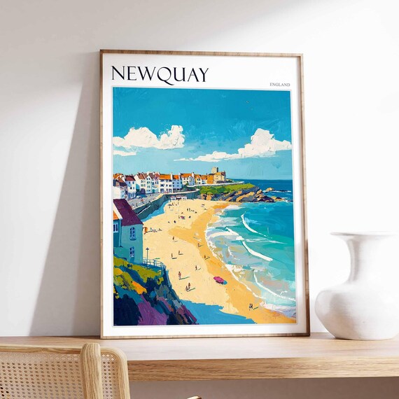 Newquay England Beach Town on Cliffs Sun Umbrella Art Poster