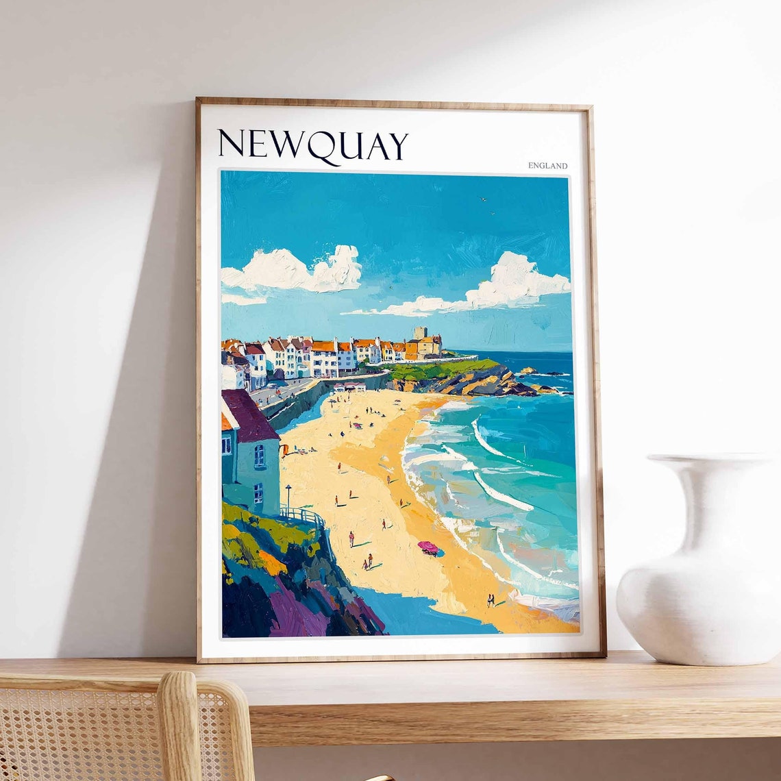 Newquay England Beach Town on Cliffs Sun Umbrella Art Poster