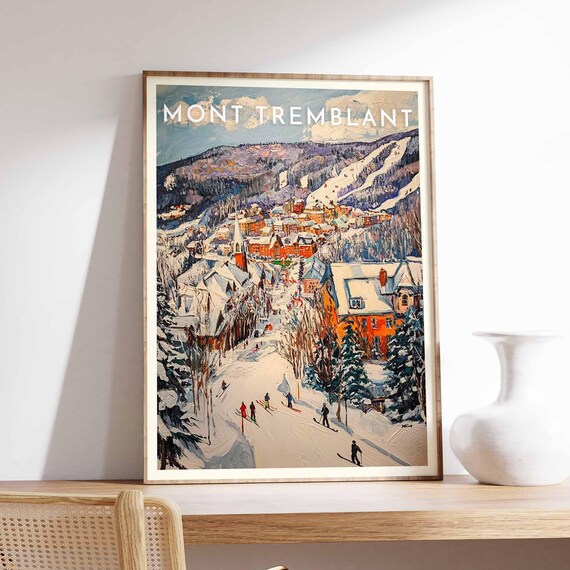 Mont Tremblant Canada Retro Village Street Skiers Mountain Poster