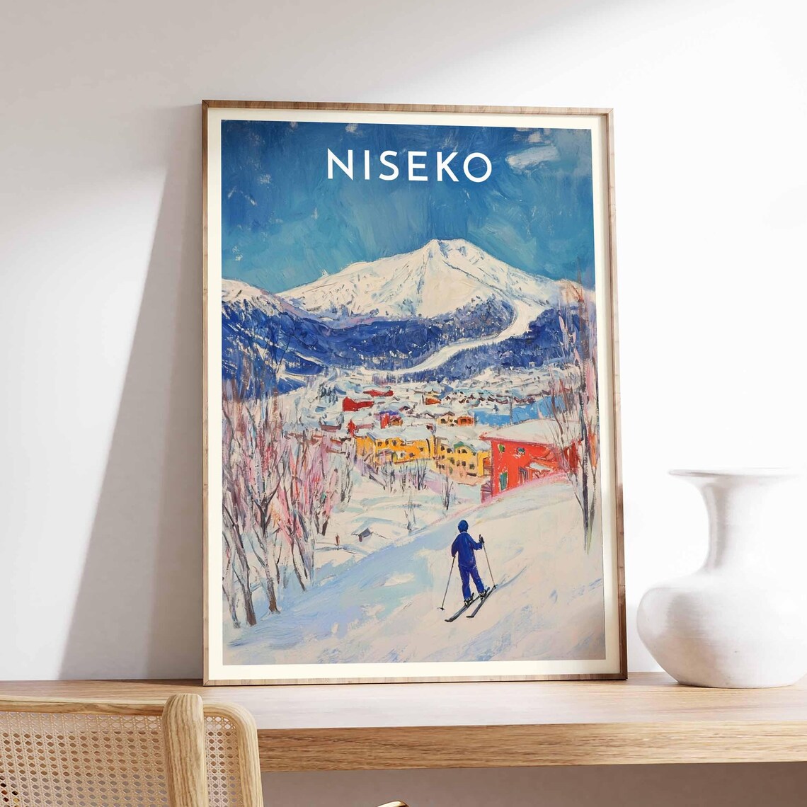 Niseko Japan Skier Overlooking Colorful Village Peak Painted Ski Poster