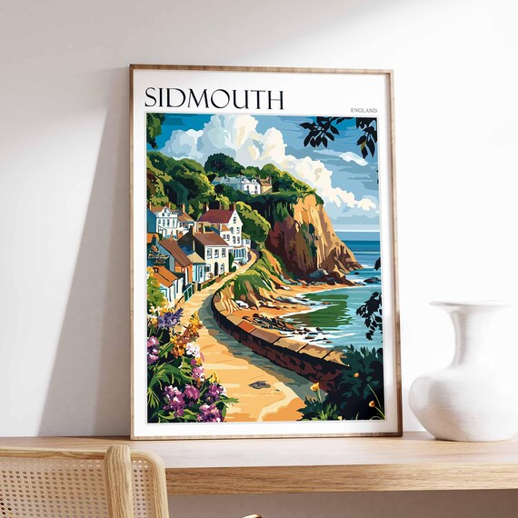 Sidmouth Coastal Village Lane Floral Travel Poster England Art