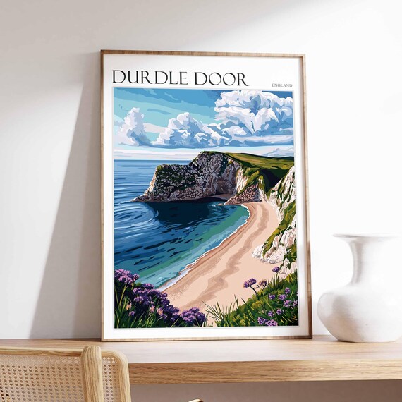 Durdle Door England Headland Beach Wildflowers Dramatic Graphic Poster