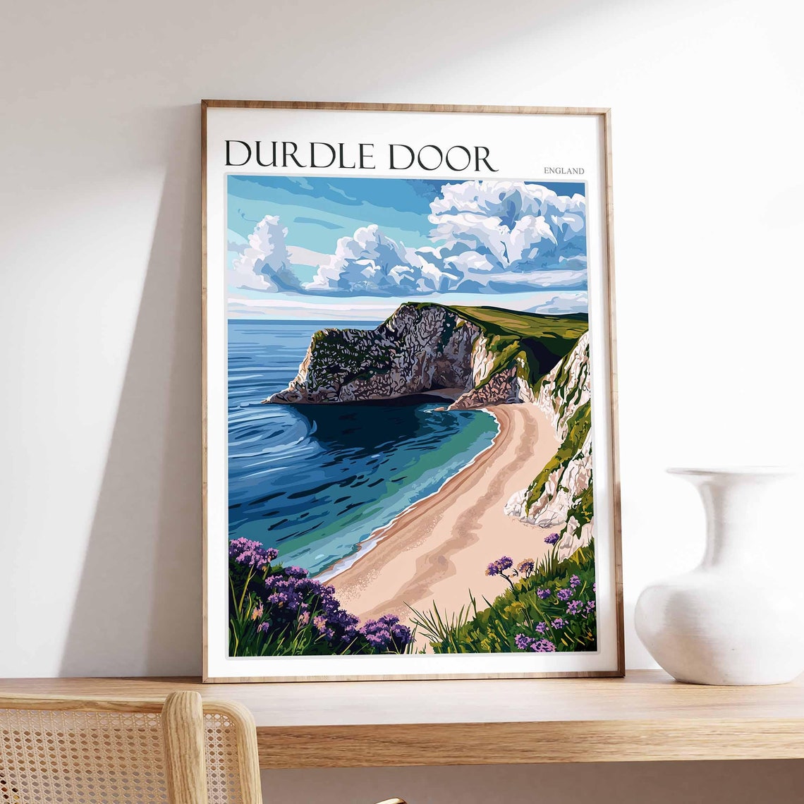 Durdle Door England Headland Beach Wildflowers Dramatic Graphic Poster