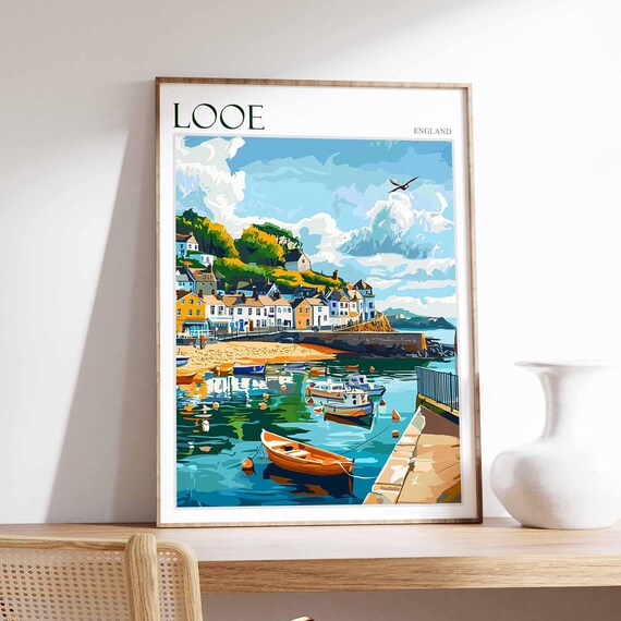 Looe England Harbor Rowboats Breakwater Seagull Cottage Hills Poster