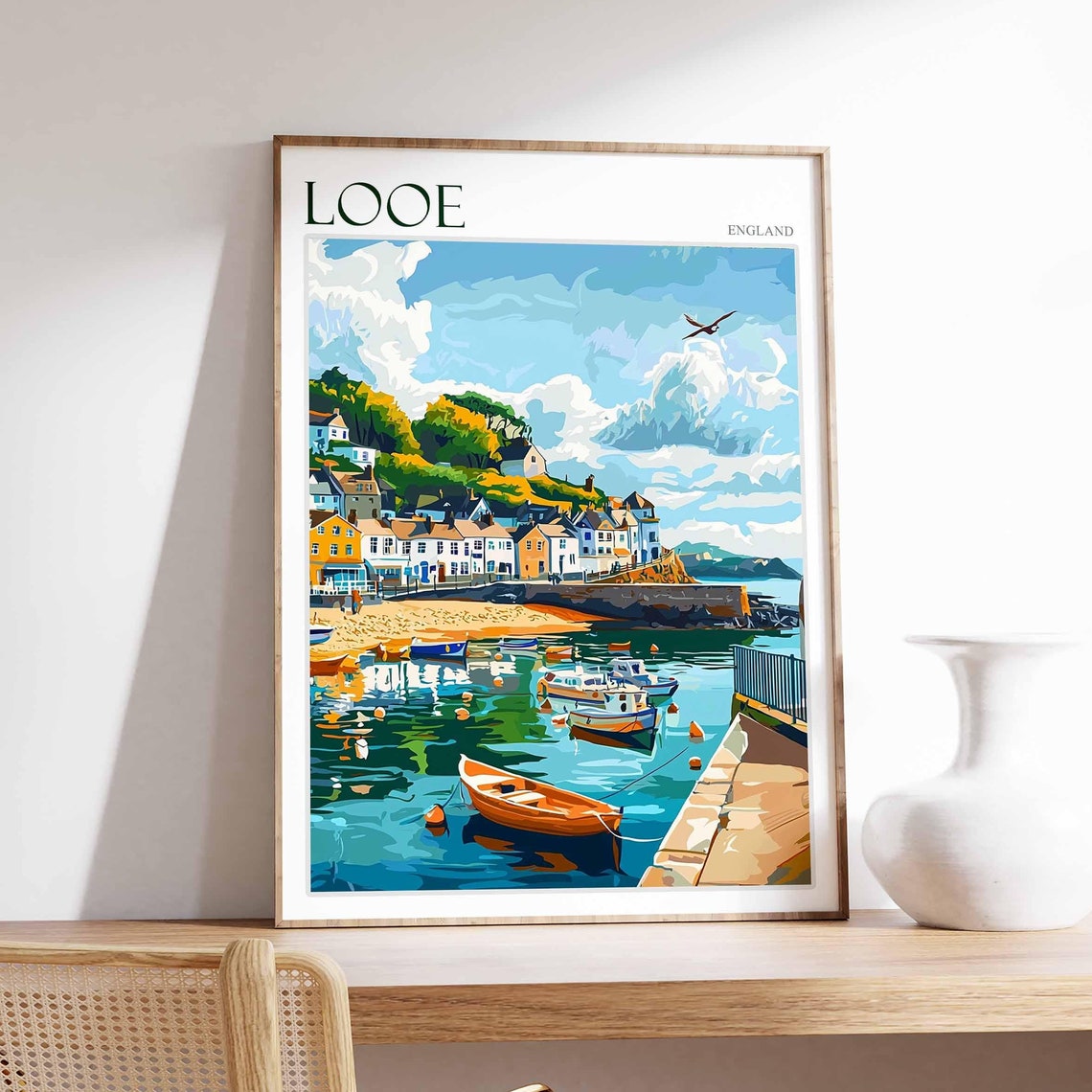 Looe England Harbor Rowboats Breakwater Seagull Cottage Hills Poster