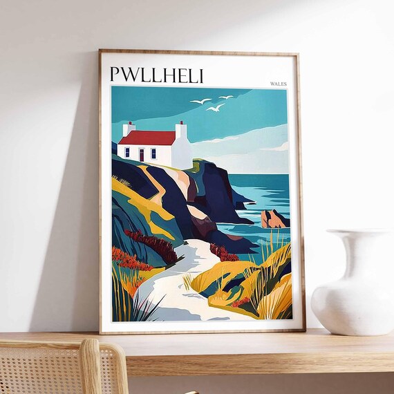Pwllheli Wales White Cottage Red Roof Cliff Edge Seagulls Sea Poster