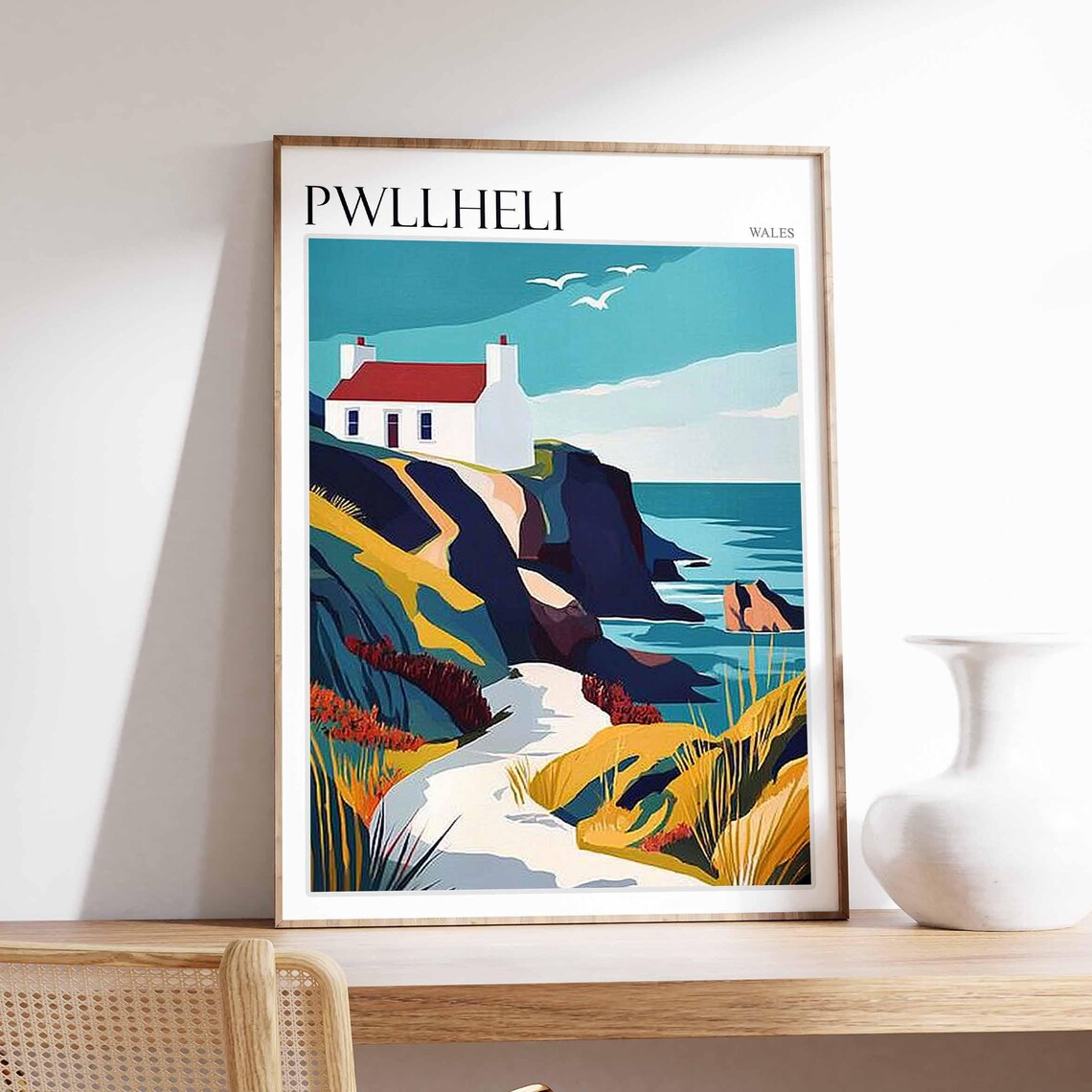 Pwllheli Wales White Cottage Red Roof Cliff Edge Seagulls Sea Poster