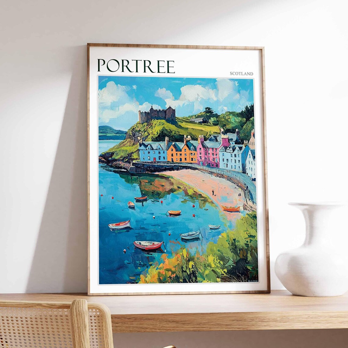 Portree Scotland Hill Castle Bay Boats Scene Vintage Travel Poster